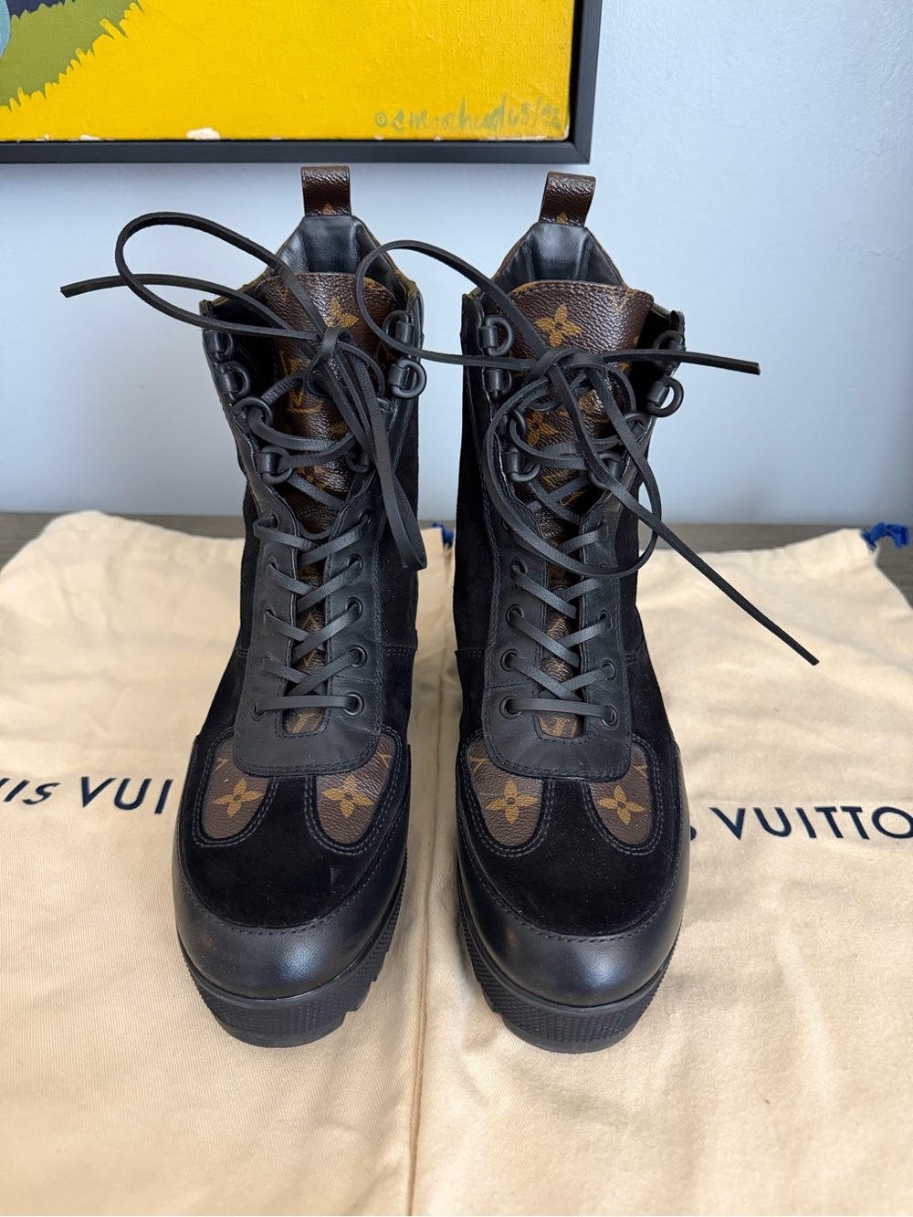 Louis Vuitton Black & Brown Monogram Lace-Up Combat Boots